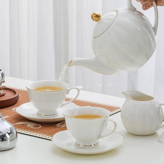 White Ceramic Tea Cup and Saucer Set of 8 (16-Piece) - 6oz Elegant Porcelain Cups with Gold Rim, 8 Cups & 8 Saucers for Tea Party