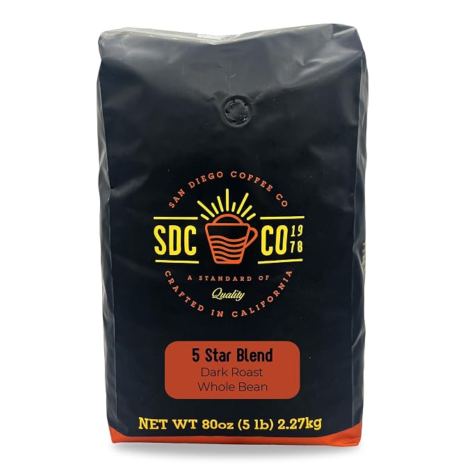 San Diego Coffee 5 Star Blend, Dark Roast, Whole Bean Coffee, 5-Pound Bag Café en grano tostado