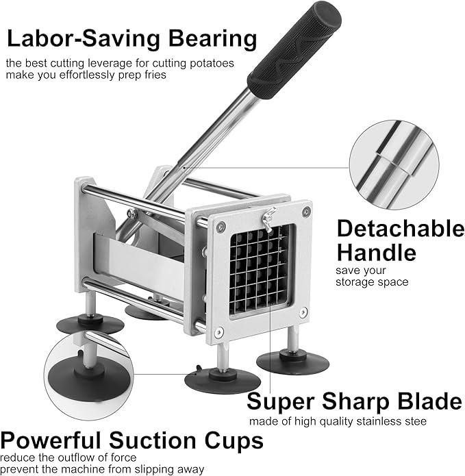 French Fry Cutter Professional Stainless Steel Potato Cutter with 1/2 Inch and 3/8 Inch Blades Commercial French Fries Slicer for Potatoes Carrots Cucumbers