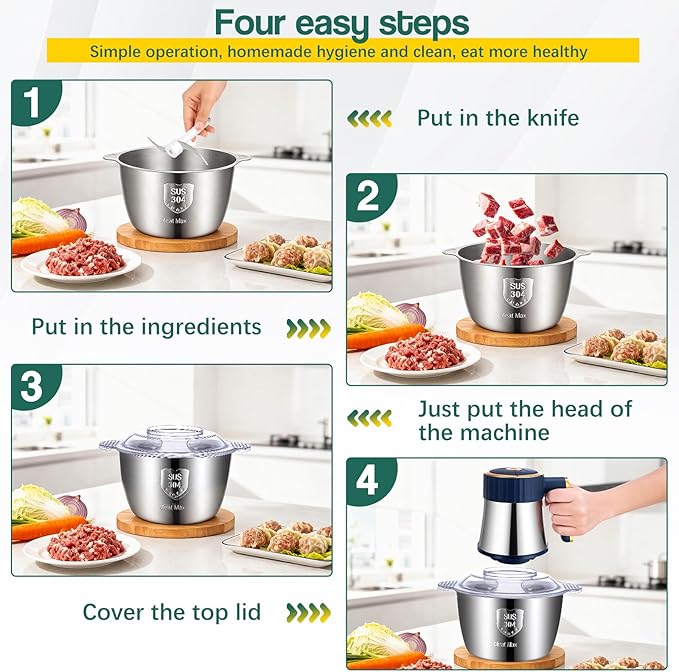 Food Processor, Electric Meat Grinder & Vegetable Chopper with 8 Cup Stainless Steel & 8 Cup Glass Bowls, Electric Food Chopper 400W Motor and 2 Sets Bi-Level Blades for Kitchen Appliances