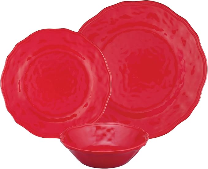 UPware 12 Piece Holiday Red Melamine Dinnerware Sets, Outdoor Dishes Set, Plates and Bowls Sets, Christmas Decorations, Service for 4, Red