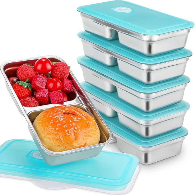 Teenyyou 6 Pcs Stainless Steel Snack Containers 30 oz 2-compartment Meal Prep Containers Reusable Metal Divided Bento Box with Silicone Lids Leakproof Lunch Box Dishwasher Safe (Blue)