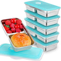Teenyyou 6 Pcs Stainless Steel Snack Containers 30 oz 2-compartment Meal Prep Containers Reusable Metal Divided Bento Box with Silicone Lids Leakproof Lunch Box Dishwasher Safe (Blue)