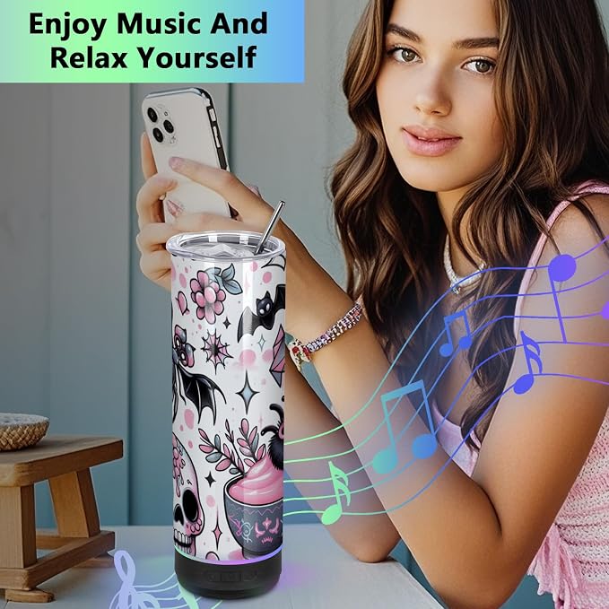 4 Pack 20Oz Music Speaker Tumbler, Skinny Straight Sublimation Tumblers, Stainless Steel Double Wall Insulated Speaker Cup With Detachable LED Light（Black）