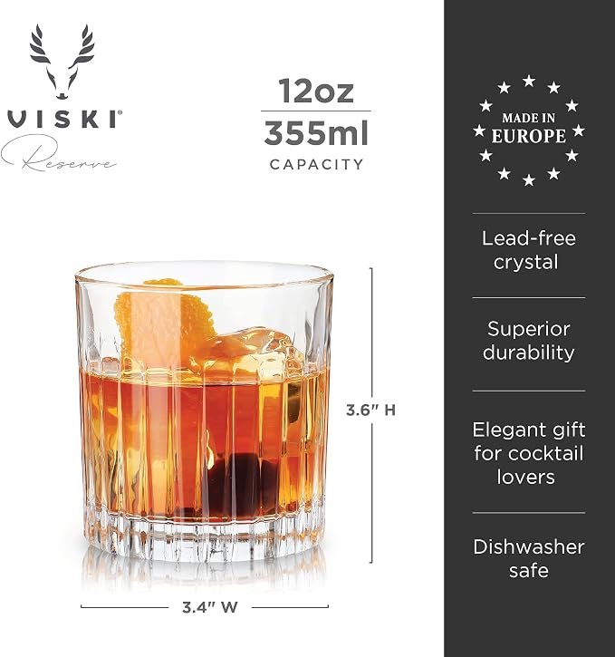 Viski Reserve Milo Crystal Old Fashioned Rocks Glasses, European Crafted Whiskey Glasses for Bourbon, Scotch, Cocktails, Barware Gifts for Men, Man Cave Essentials, Home Bar Glassware, 12 oz, Set of 4