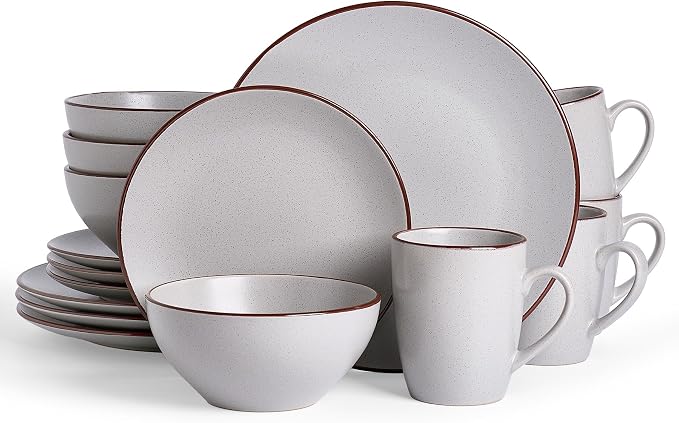 Famiware Venus 16-Piece Stoneware Dinnerware Sets with Mugs, Plates, Bowls, Service for 4, Matte Light Gray - Modern Ceramic Chip‑Resistant Dishes for Everyday & Formal, Microwave & Dishwasher Safe