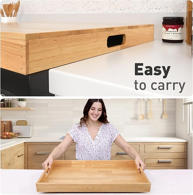 Rubberwood Stove Cover for Gas & Electric Burners, 28.82”x20.83”x2.12'' (Inner) Noodle Board with Handles, Cutting Board with Juice Groove, Serving Tray (Natural Rubberwood)