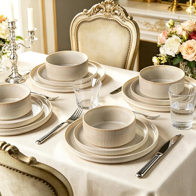 Stoneware Dinnerware Sets, Plates and Bowls Sets for 4, 12-Piece Ribbed Dishes – Chip & Scratch Resistant, Microwave and Dishwasher Safe Tableware, Beige