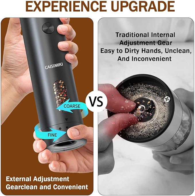 Large Capacity Rechargeable Electric Pepper Grinder 2025 New Pepper Mill USB Black Automatic Pepper Mill Adjustable Coarseness Salt Shakers with LED Light One Hand