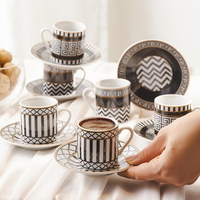 KARACA Helenistic Turkish Small Coffee Cups Set for 6, 12 Piece Porcelain Espresso Cups with Saucers, 80ML Demitasse Coffee Set, Black, Modern Elegant Design for Home & Gift