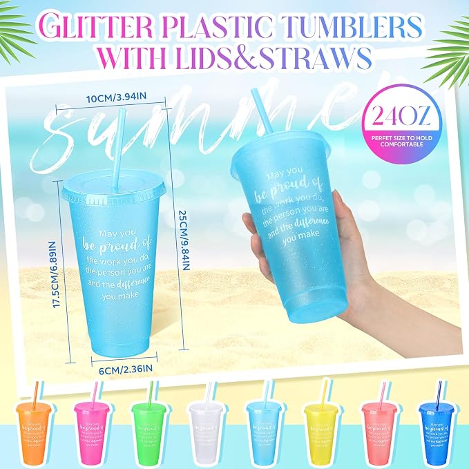 Dandat 24 Pcs Employee Appreciation Gifts Bulk 24 oz Thank You Cups Gift for Nurse Coworker Team Staff Teacher Inspirational Plastic Tumblers with Lids Straws (Bright Color)