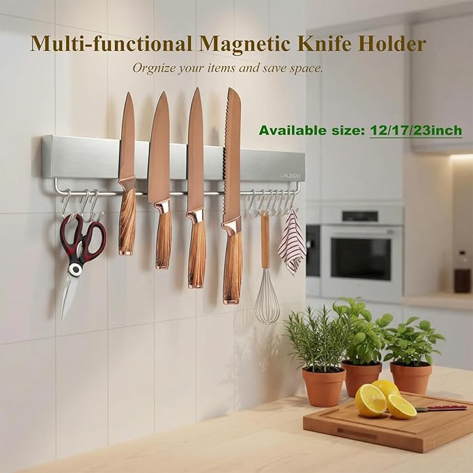 17 Inch Magnetic Knife Holder for Wall - Magnetic Knife Strip with Strong Magnets, Stainless Steel Magnetic Knife Bar with 10 Hooks/Adhesive Tape/Screws, Wall Mounted Knife Storage for Kitchen