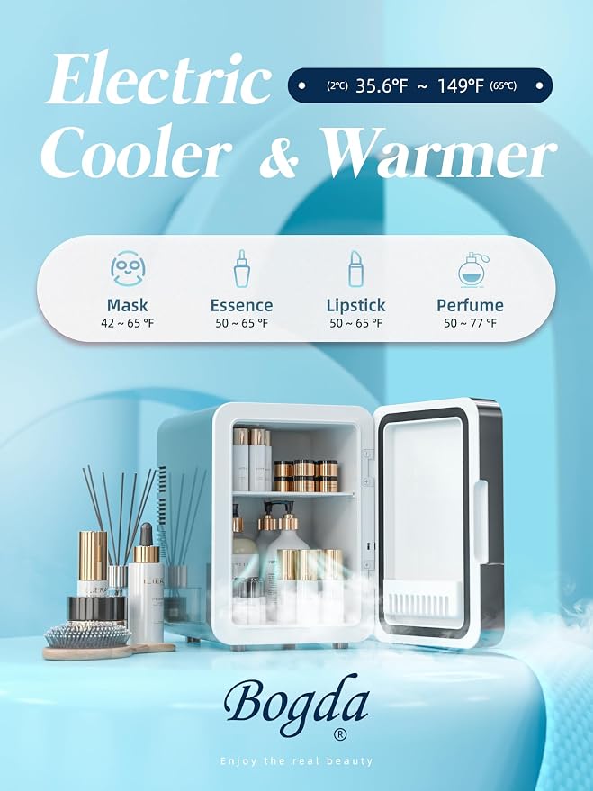 BOGDA Mini Skincare Fridge (4 Liter/6 Can) with Dimmable LED Light Mirror, Cooler and Warmer for Refrigerating Make Up, Skin Care and Food, Portable Mini Fridge for Bedroom, Office and Car, Grey