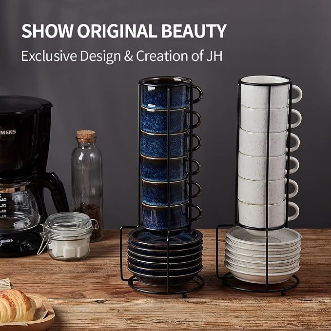 JIEMEI HOME Porcelain Stackable Espresso Cups with Saucers and Metal Stand,4 Ounce Demitasse Cups for Coffee Drinks, Latte, Tea - Set of 6, Stackable Espresso Mugs, Reactive Glaze, Bule
