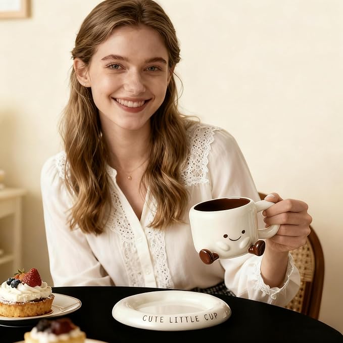 Ceramic Coffee Mug with Saucer Set, 6.8oz Cute 3D Ceramic Mug with Saucer, Face Tea Cup Espresso Cups for Coffee Tea Hot Chocolate, Microwave & Dishwasher Safe (White)