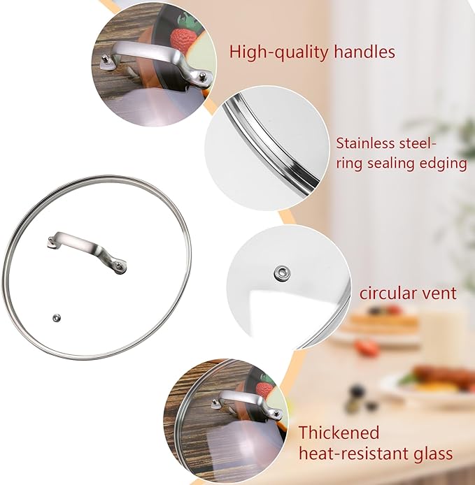 9 Inch Clear Glass Pot Lid for Frying Pan Replacement Cover Can Withstand 356°F (180℃) with Stainless Steel Arch Bridge Handle,Matte Silver