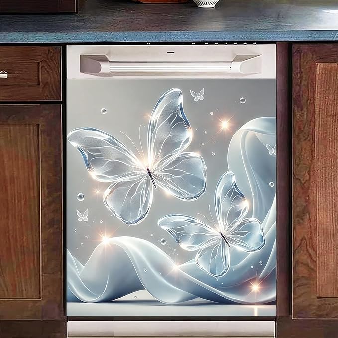 BlissYard Butterfly Dishwasher Magnet Cover 23x26 Inch Floating Crystal Butterfly Design Magnetic Dishwasher Cover Butterfly Kitchen Decor Refrigerator Magnet Sticker Appliance Cover Protector