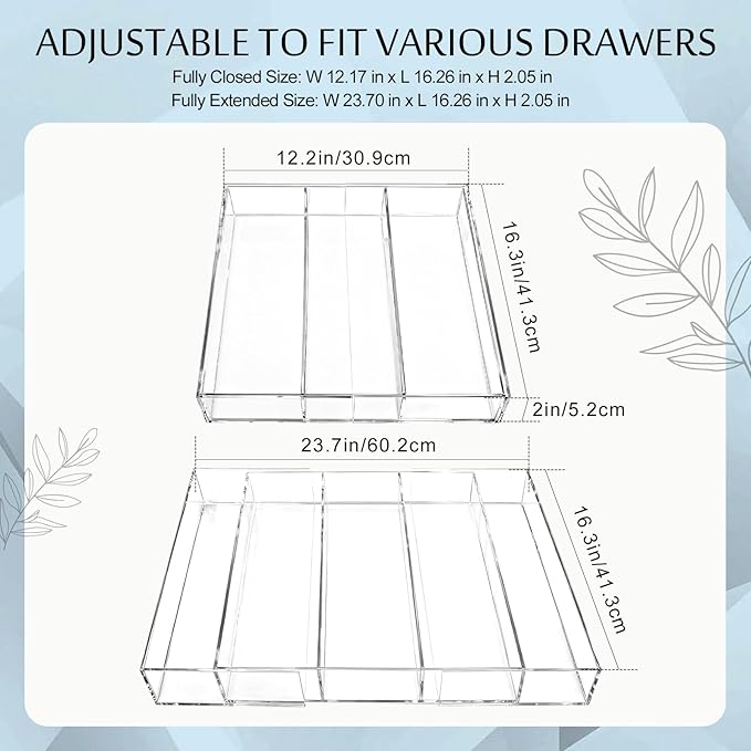 Expandable Kitchen Drawer Organizer 12 x 16 Inch Adjustable Silverware Knives Drawers Storage 3-5 Compartments Clear Acrylic Utensil Organizer for Kitchen