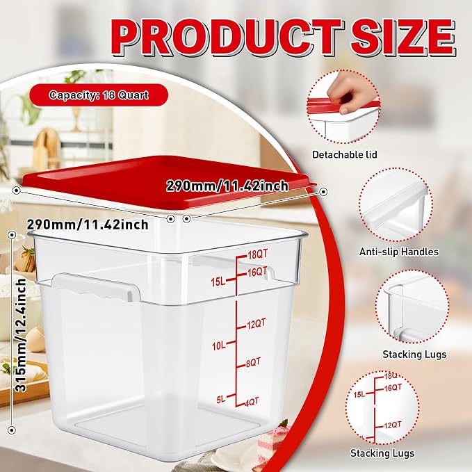 2 Pack Square Food Storage Container With Lid,12-22 Quart Commercial Storage Box With Scale & Handle,Cake Making,Dough Marinating Meat,Kitchen Supplies (Polycarbonate, 19 Quart)
