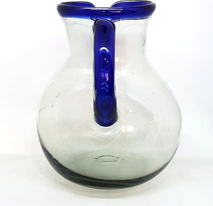 Cobalt Blue Rim 120 oz Large Bola Pitcher, Recycled Glass, Lead-free, Toxin-Free (Pitcher)
