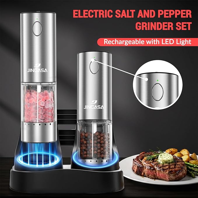[Upgraded Larger Capacity] Electric Salt and Pepper Grinder Set with USB Charging Base, 95ml Large Capacity, Adjustable Coarseness,Stainless Steel Automatic Pepper Mill (Upgraded Adjustment-B)