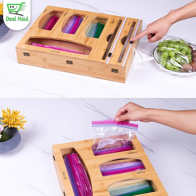 Ziplock Bag Organizer and Plastic Wrap Dispenser with cutter for Kitchen Drawer - 6 IN 1 Bamboo Ziplock Storage, Sandwich Bag Organizer, for Gallon, Quart, Sandwich, Snack