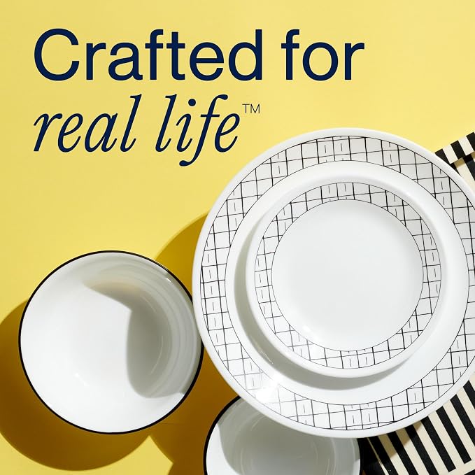 Corelle Vitrelle 18-Piece Service for 6 Dinnerware Set, Triple Layer Glass and Chip Resistant, Lightweight Round Plates and Bowls Set, Delicate Grid