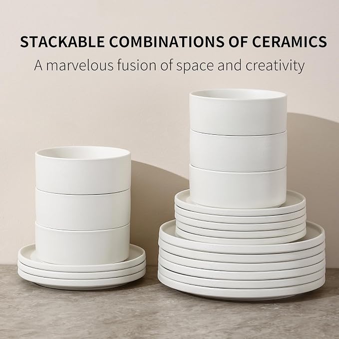 GZG Classic Series - Plates and Bowls Set for 8, 24 Piece Stoneware Dinnerware Sets, Microwave and Dishwasher Safe Lead-Free Handcrafted Ceramic Dishes Set - Ivory White