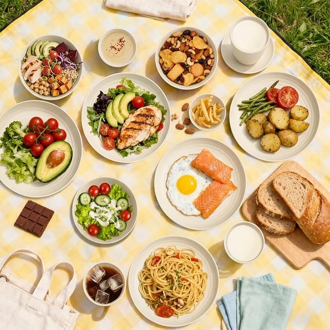 16 Piece Wheat Straw Dinnerware Sets for 4, Unbreakable Dish Set,Reuseable Toddler Plates and Bowls Sets for 4, Lightweight Kitchen Dishware Set for Camping, Picnic Kids Dish Set - Beige