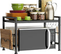 YIUKEA Extendable Microwave Oven Rack - Adjustable Kitchen counter shelf, 2 Tier Microwave Stand (L15.7~23.6" xW12.8 xH17.7) with 6 Hooks for Kitchen Countertop Organizer (Black)