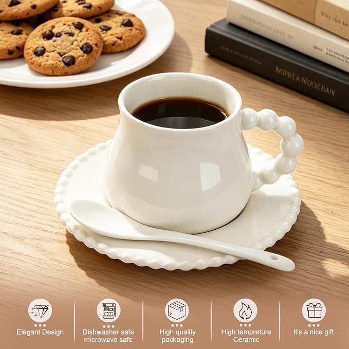 Espresso Cups with Set of 6 Saucers and Spoons, 8 oz Porcelain Coffee Cup Mugs for Latte, Au Lait, Flat White, Mocha, Tea, Elegant Tea Mugs Set, Dishwasher & Microwave Safe