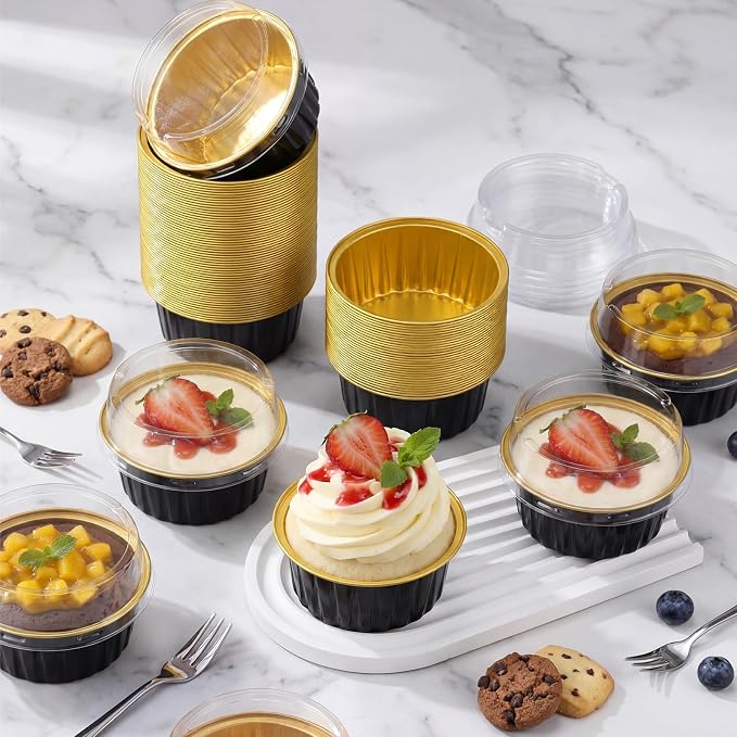 Gejoy 500 Pcs Aluminum Foil Baking Cups with Lids 5 oz Disposable Ramekins Mini Cake Pans Creme Brulee Cupcake Liners Muffin Dessert Container for Wedding Birthday Party (Classic,Black and Gold)