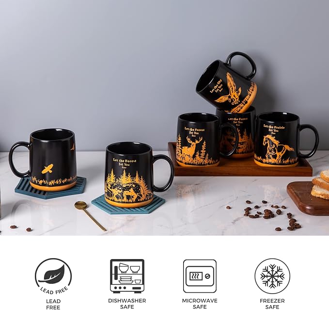 AmorArc 18oz Large Coffee Mugs Set of 6, Ceramic Coffee Mugs with Animal Wildlife Textured Patterns for Tea Latte Cocoa. Easy to Hold&Clean, Dishwasher&Microwave Safe, Matt Black