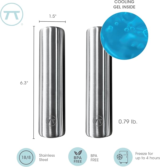 Outset Stainless Steel Cylinder Ice Packs, Set of 2 Reusable Travel and Lunch Box Coolers, 6.3" x 1.6”