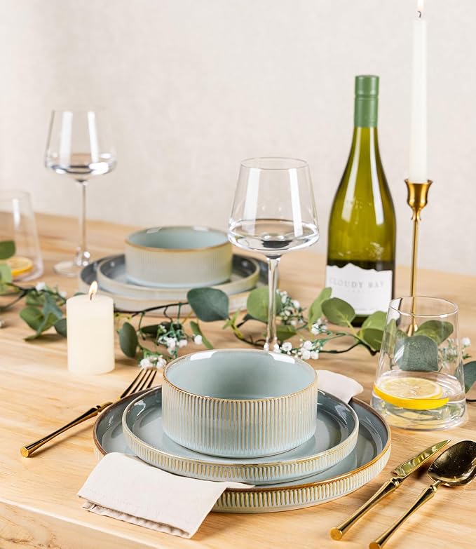 TheTerra Ceramic Dinnerware Sets for 4, 12 Pieces Porcelain Lightweight Plates and Bowls Sets, Scratch Resistant Dish Set, Oven & Microwave & Dishwasher Safe,Illusion Blue