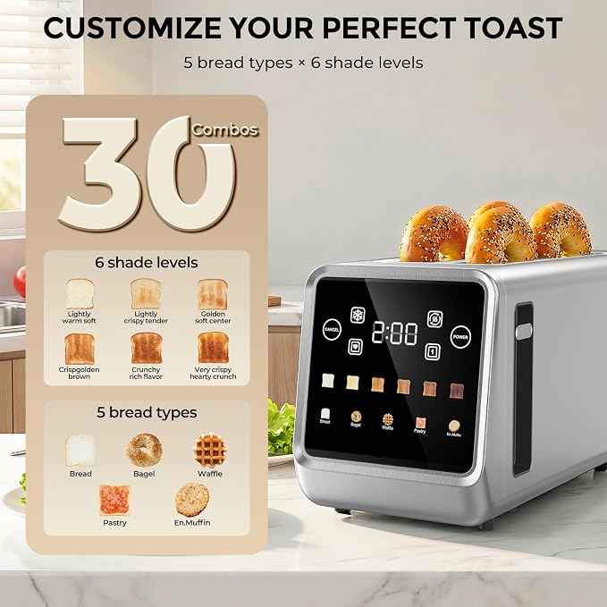 Long Slot Toaster 4 Slice with Touchscreen, 1400W Stainless Steel 2-Slot Smart Appliance Extra Wide 1.5 Inch, Single Mode BreadID Tech Timer for Bagel Waffle