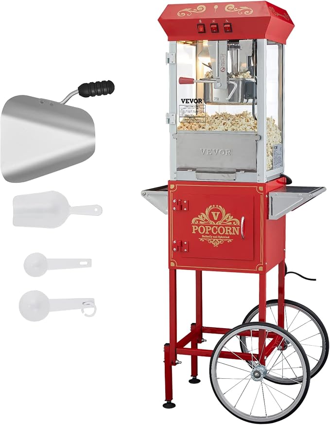 VEVOR Commercial Popcorn Machine, 8 Oz Kettle, 850 W Popcorn Maker on Wheels for 48 Cups per Batch, Theater Style Popper with 3-Switch Control Steel Frame Tempered Glass Doors Cart 1 Scoop 2 Spoons | 850W Theater Style Popper, On Wheels, 48 Cups per Ba...