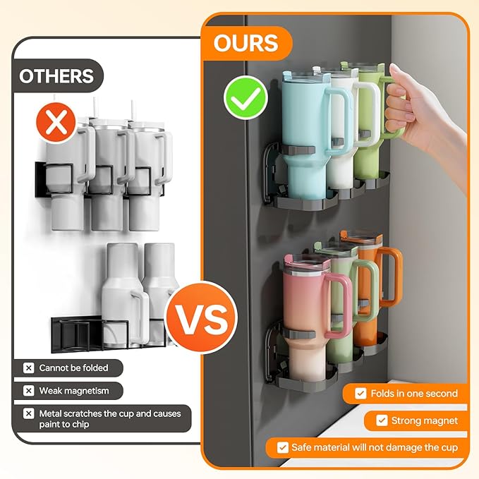 Magnetic Stanley Cup Holder for Fridge, Water Bottle Organizer & Tumbler Rack with Foldable Design for Kitchen, Stanley Cup 40 oz Accessories, Ideal Gifts 2PCS (Black)