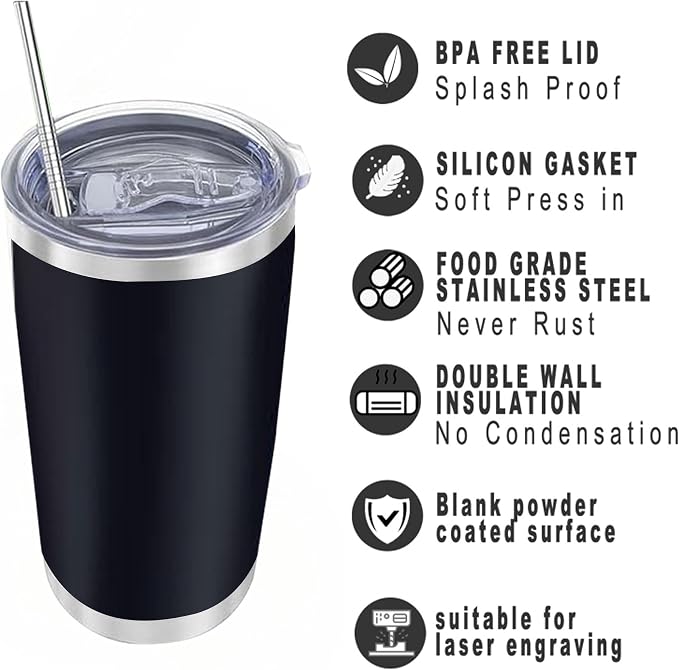 20oz insulted tumblers stainless steel cup Tumbler Bulk with push Lid, and metal straw powder coated coffee cup for cold and hot drinking (48, black)