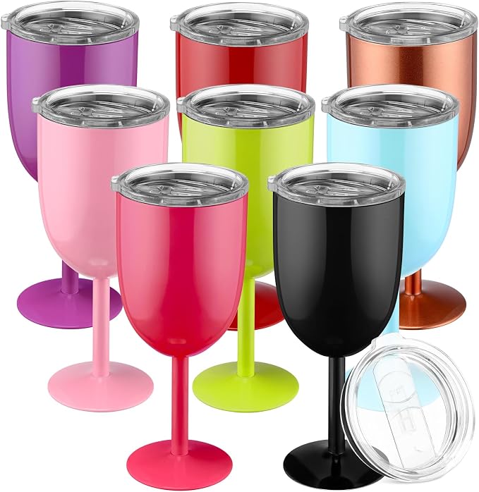 Yinder 8 Pcs Stemmed Stainless Steel Wine Glasses, 12 oz Stainless Wine Goblet with Lids Double Wall Insulated Unbreakable Goblets Insulated Stem Tumbler for Friendship Birthday Party(8 Colors)