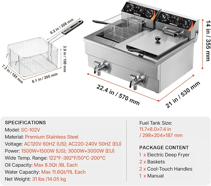 VEVOR Commercial Deep Fryer, Dual Tank 3000W Electric Countertop Fryer with Basket, 2 x 11.6Qt/11L Double Stainless Steel Oil Fryer with Drain, Time & Temp Control, for Kitchen Restaurant Use