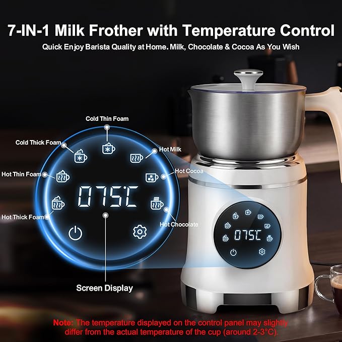 7-IN-1 Milk Frother, 20.3 OZ Milk Frother and Steamer with Temperature Control Stainless Steel Electric Milk Frother Dishwasher Safe Hot and Cold Foam for Latte Hot Chocolate Cocoa (White)