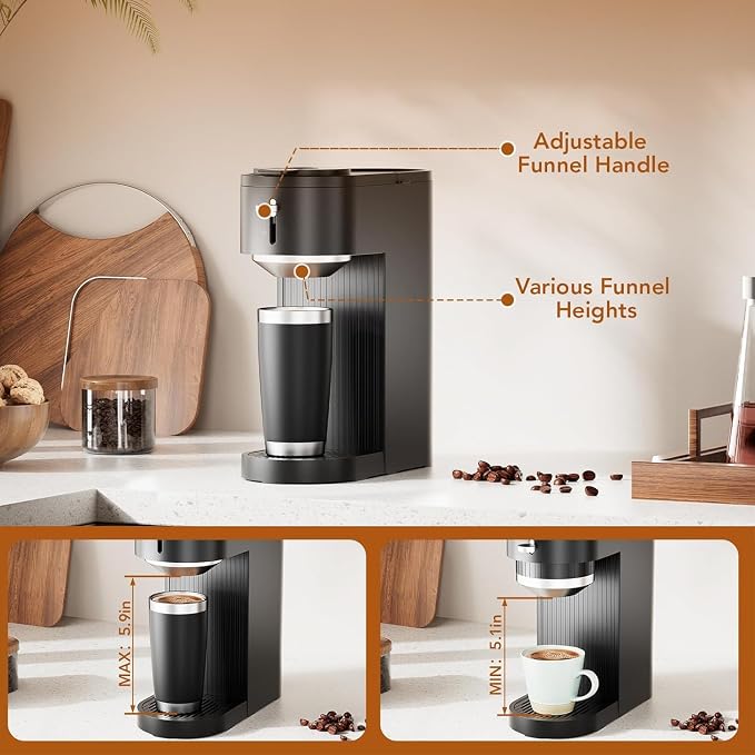 Electactic Single Serve Coffee Maker, Dual Brew for Capsule & Ground Coffee, 5 Adjustable Sizes Up to 14 Oz, Compact Quick Brew with Adjustable Funnel Height, Easy Clean for Home/Office/Outdoor