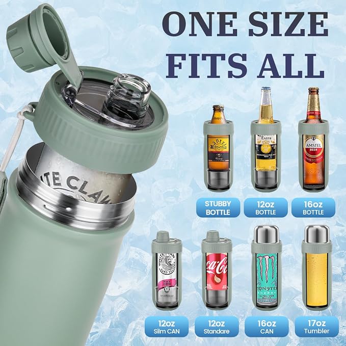 MAXSO Sealed Can Cooler Fizz Lid Can Cover for 12 oz Regular, Slim Skinny Cans & As Thermal Bottle (Sage Green, 5-in-1)