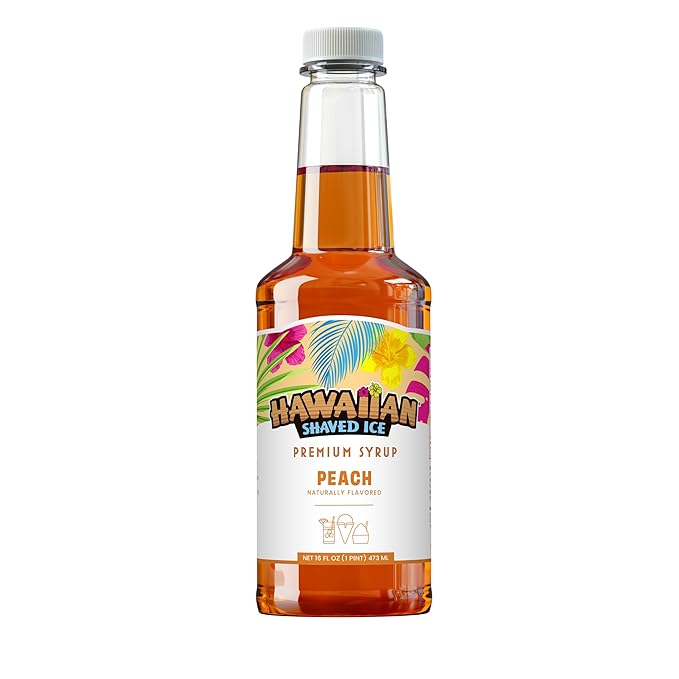 Hawaiian Shaved Ice Peach Syrup - Nut Soy Dairy Free - Flavor Fluffy & Crunchy Snow Cones - Shelf Stable - Makes 8 Servings - 16 ounces