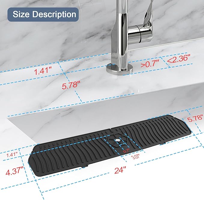 Faucet Guard - 90 Foldable Draining Mat for Kitchen Sink with 2 Drain Ports, Black, 24"*5.66"