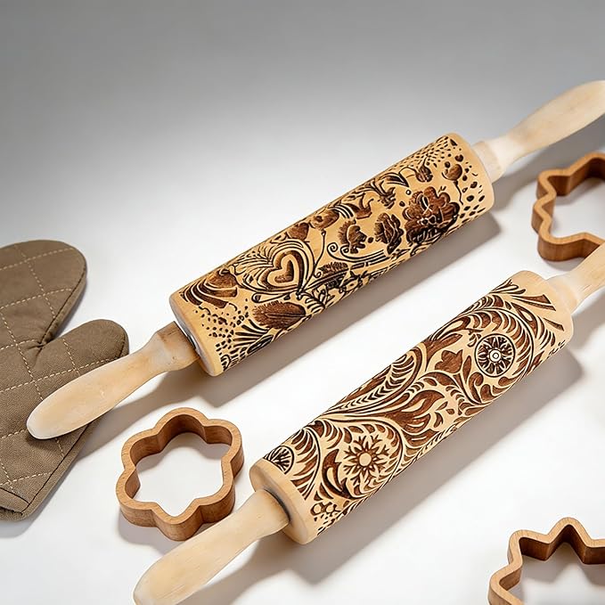 2 Pack Wooden Embossed Rolling Pin with Handles, Hardwood Dough Roller with Engraved Patterns, Kitchen Essential for Baking Pizza, Pies, Pastry, Cookies & Decorative Dough