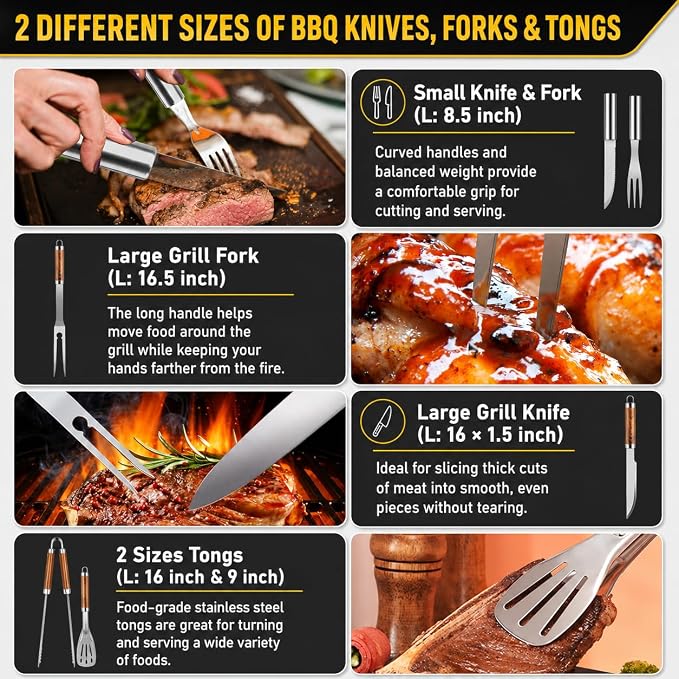 34Pcs Grill Accessories Grilling Gifts for Men, 16 Inches Heavy Duty BBQ Accessories, Stainless Steel BBQ Tools with Thermometer, Grill Mats for Backyard, BBQ Gifts Set for Men Women