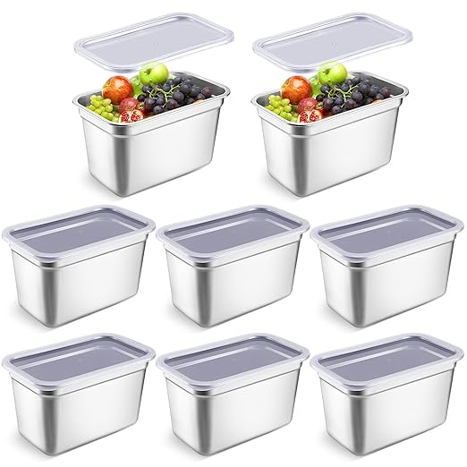 8 Pcs 304 Stainless Steel Food Storage Containers with Lid Hotel Pans for Kitchen Home Catering Food Prep Restaurant Buffet Hotel(6 Inch Deep)