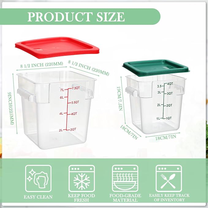 Lallisa 4 Pcs 8qt & 4qt Clear Food Storage Containers with Lids Handles and Scales, Stackable Plastic Square Food Storage Containers for Dough Proofing Baking Kitchen Restaurant(Red, Green)